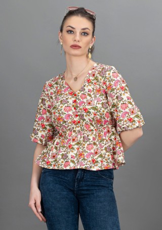 Oriental Floral Print Rayon Peplum Top