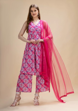 Pink Shibori Print Moss Crepe Flared Kurta Suit Set