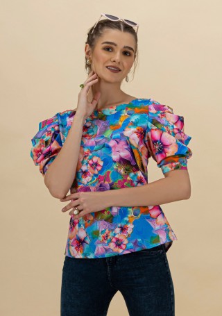 Multi Colour Floral Print Draped Sleeves Top