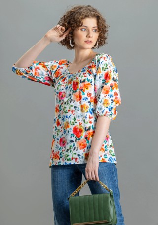 Multi Colour Floral Print Rayon A-Line Top