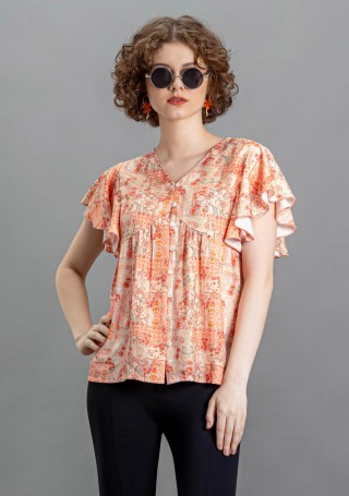 Coral Multi Print Rayon A-Line Button Down Top