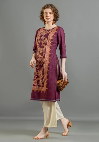 Wine Paisley Print Rayon Straight Kurta