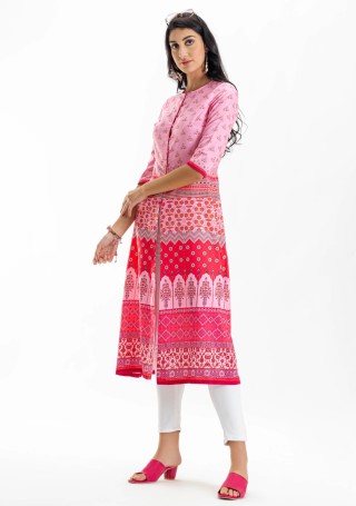 Pink Ethnic Print Centre Slit A-Line Flared Kurta