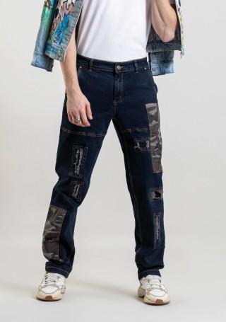 Dark Blue Straight Fit Men's Jeans with Camouflage Patch