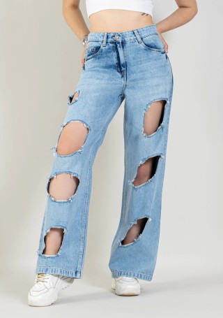 Light Blue Straight Fit Women's Cut Out Jeans