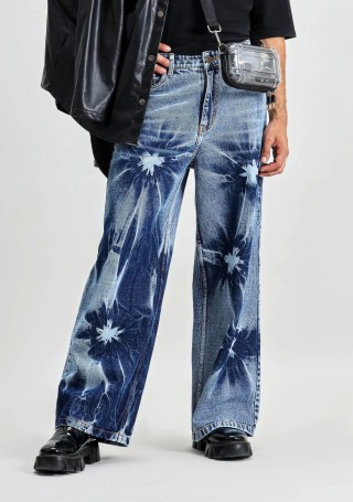 Blue Wide Leg Tie And Dye Men's Fashion Jeans