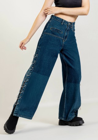 Ocean Blue Wide Leg Side Open Style Jeans