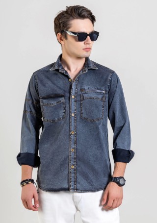 Dark Grey Regular Fit Men's  Denim Shirt