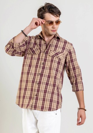 Beige Regular Fit Men's Cotton Check Shirt