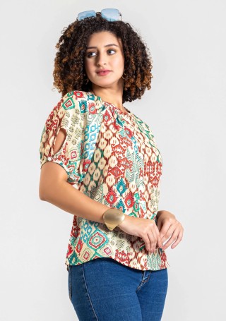 Beige Abstract Ethnic Print Muslin Top