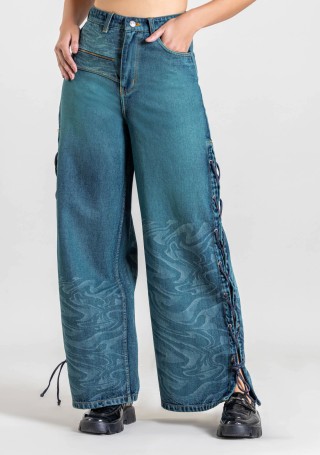 Blue Side Slit Wide Leg Jeans