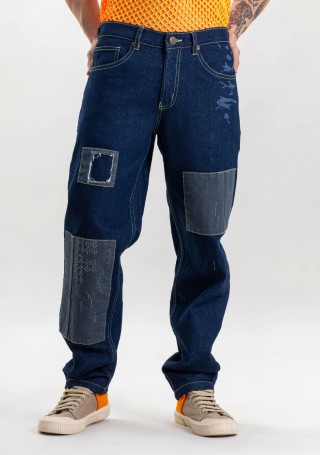 Navy Blue Straight Fit Men's Patchwork Jeans