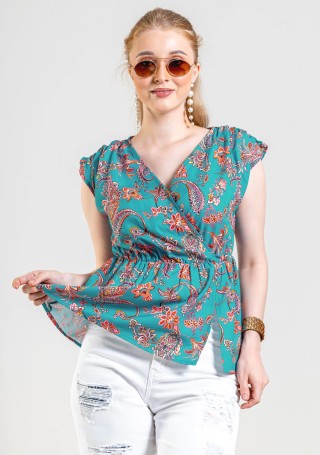 Blue Paisley Print Wrap Peplum Top