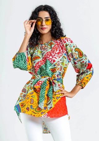 Multi Colour Ethnic Patch Print Cotton A-Line Top