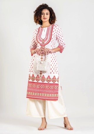 White Ethnic Print Cotton Straight Kurta