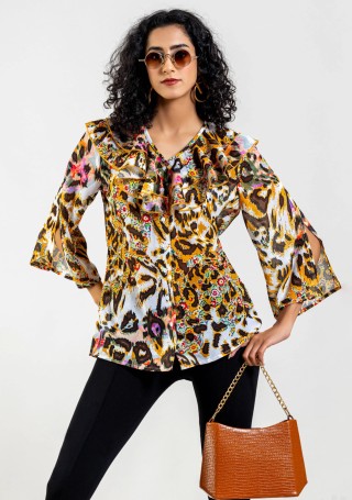 Animal Print Ruffled Georgette Button Down Top