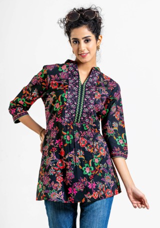 Black Floral Print Cotton Tunic