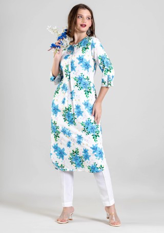 White Floral Print Cotton Straight Kurta