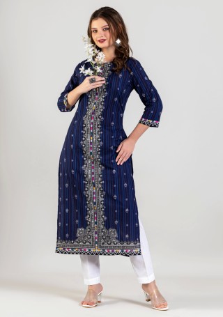 Dark Blue Ethnic Print Cotton Straight Kurta