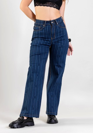 Blue Wide Leg Women's Laser Stripe Print Jeans