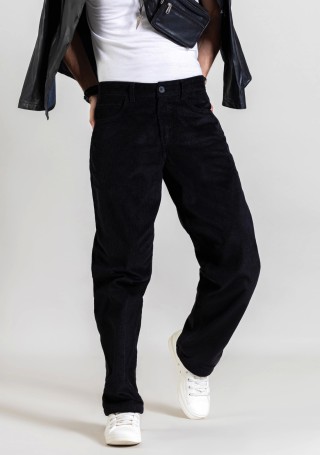 Black Relaxed Fit Men's 5 Pocket Corduroy Trousers