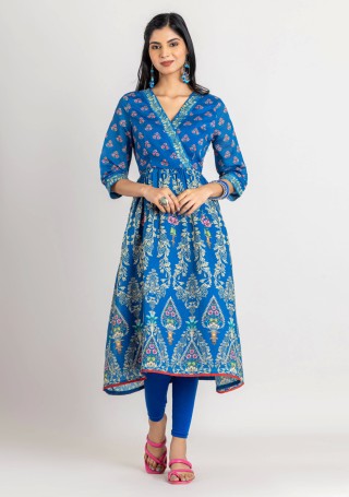 Blue Ethnic Print Chanderi Flared Kurta