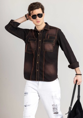 Blackish Brown Regular Fit Men's Denim Casual Shirt