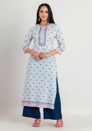 Off White Ethnic Print Cotton Straight Kurta