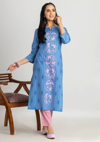 Light Blue Floral Print Cotton Straight Kurta