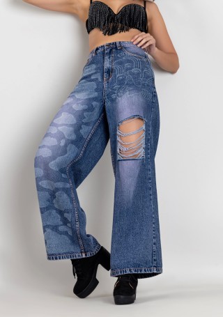 Blue Laser Print Wide Leg Women