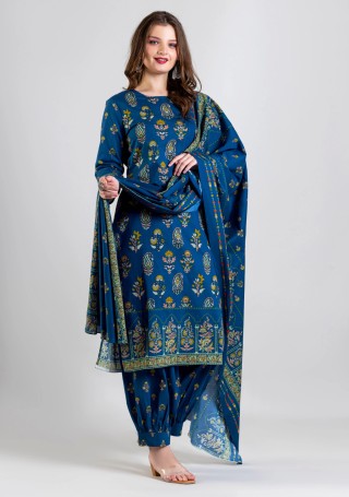Dark Blue Ethnic Print Cotton Straight Kurti with Salwar and Dupatta Set