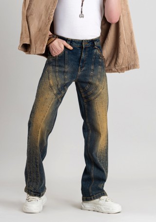 Blue  Wide Leg Cut And Sew  Men's Jeans