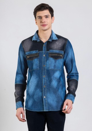 Blue and Black Regular Fit Men's Denim Shirt