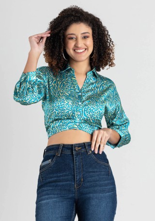 Turquoise Snake Print  Satin Crop Top