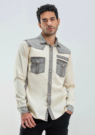 Beige Regular Fit Men's Denim Cotton Shirt