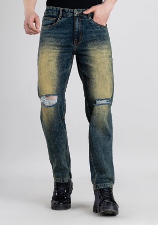 Greenish Blue Straight Fit Men's Distressed Jeans