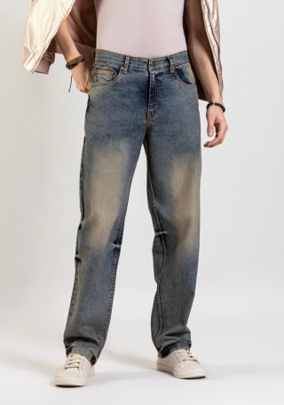 Blue Tinted Relaxed Straight Fit Men's Fashion Jeans