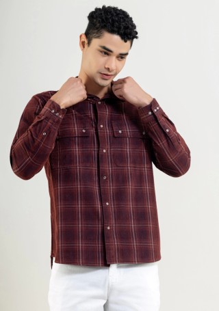 Rust Regular Fit Corduroy Men's Check Shirt