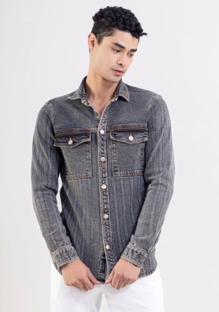 Grey Regular Fit Men's Denim Shacket