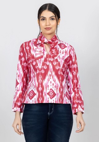 Pink and White Ikat Print Cotton Shirt Top