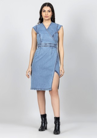 Blue Wrap Relaxed Fit Denim Midi Dress