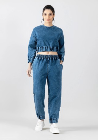 Blue Knitted Denim Crop Sweat and Joggers Co-ord Set