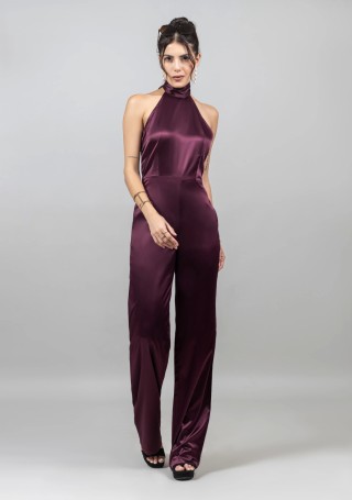 Wine Satin Halter Neck Jumpsuit