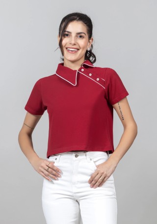 Red Pique Knit Crop Polo T-Shirt