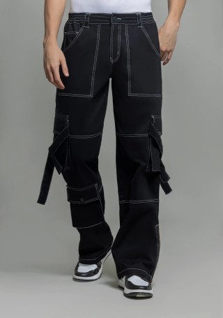 Black Wide Leg Men's Cargo Style Trousers