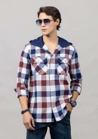 Multi Colour Slim Fit Hooded Cotton Men's Check Shirt