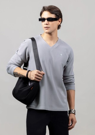 Grey V-neck Structured Regular Fit Men's T-shirt