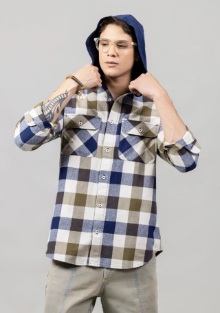 Multi Colour Slim Fit Hooded Men's Cotton Check Casual Shirt