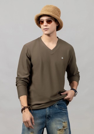 Brown V-neck Structured Regular Fit Men's T-shirt