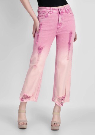 Rouge Pink Wide Leg Women’s Distressed Jeans